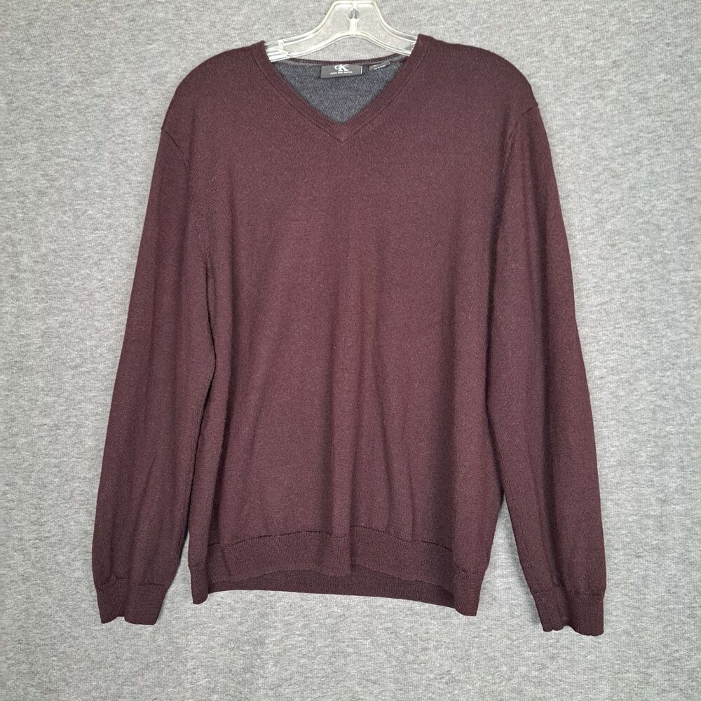 Calvin Klein Extra Fine 100% Merino Wool Sweater Men's XL Fits M V-Neck LS Red